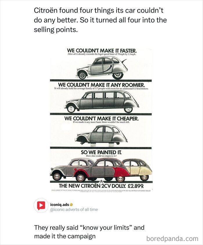Classic Citroen car print advertisement showing entertaining and iconic ads from history.