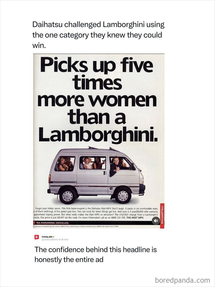 Entertaining and iconic ads featuring a funny vintage Daihatsu van advertisement comparing itself to a Lamborghini.
