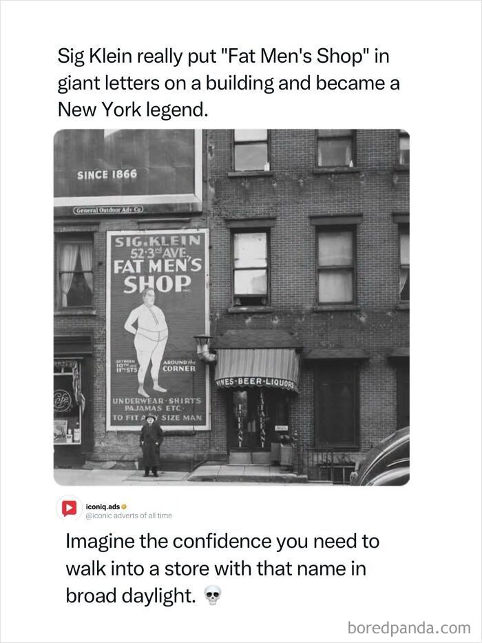 A historic black and white photo of Sig Klein's Fat Men's Shop storefront, an example of iconic ads from New York.