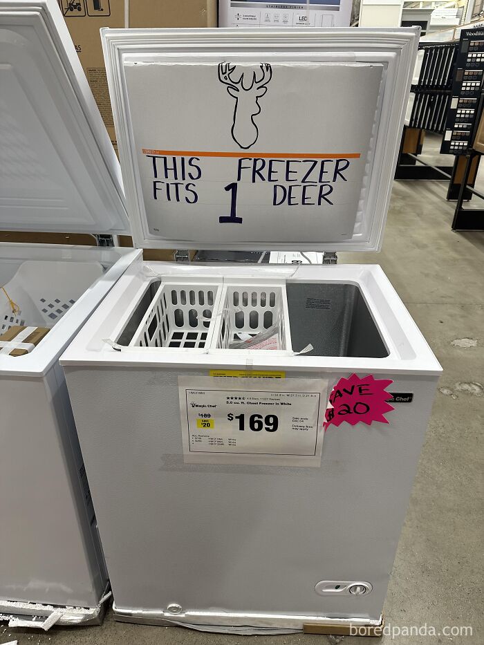 Funny post of a chest freezer labeled as fitting one deer, proving Americans will use anything but metric system