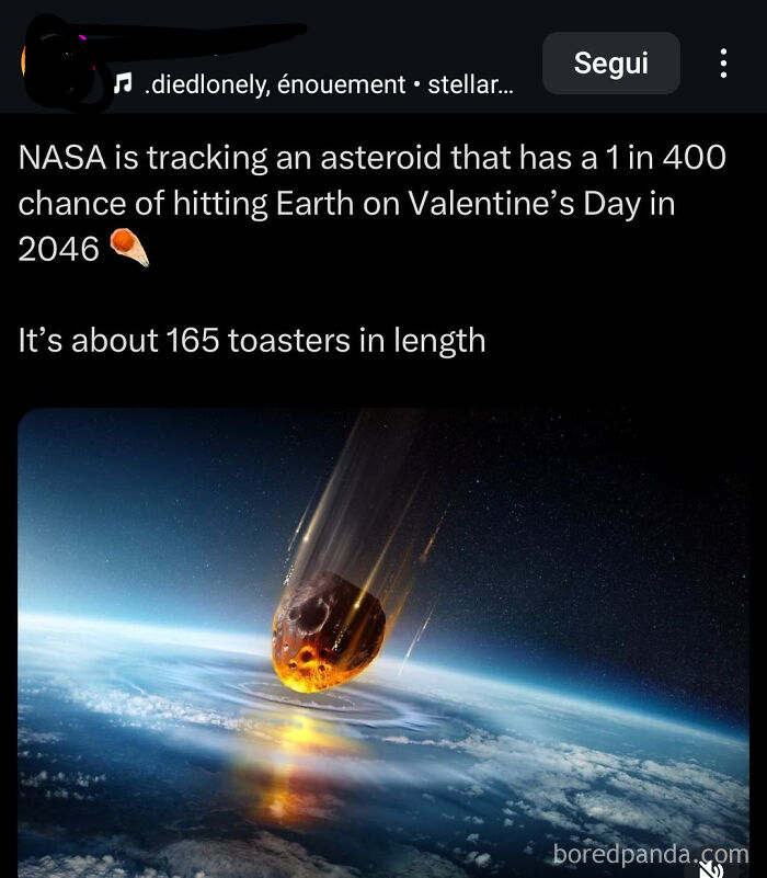 A news post describing an asteroid length using 165 toasters, highlighting funny posts about non-metric measurements.
