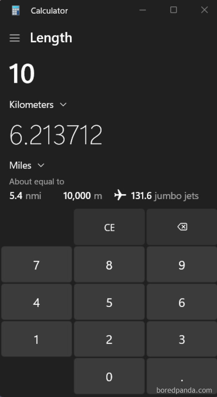 Calculator app unit conversion showing 10 kilometers equals 131.6 jumbo jets, a funny post on non-metric system units.
