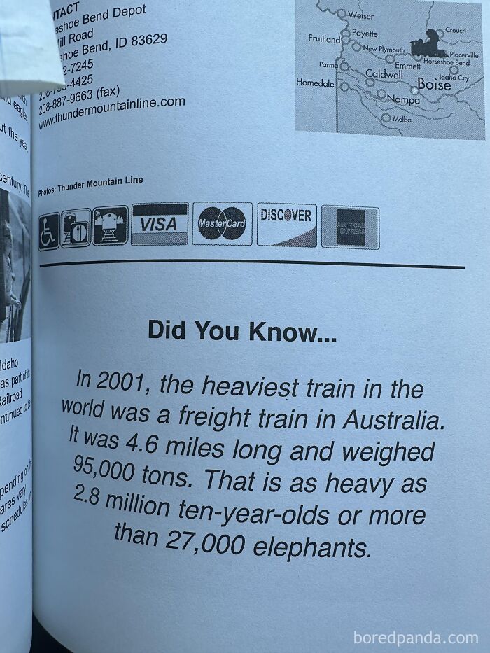 Page text trivia comparing heavy train weight to elephants, a funny post about not using the metric system