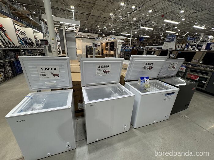Chest freezers labeled with deer capacity, showcasing funny ways Americans avoid the metric system.