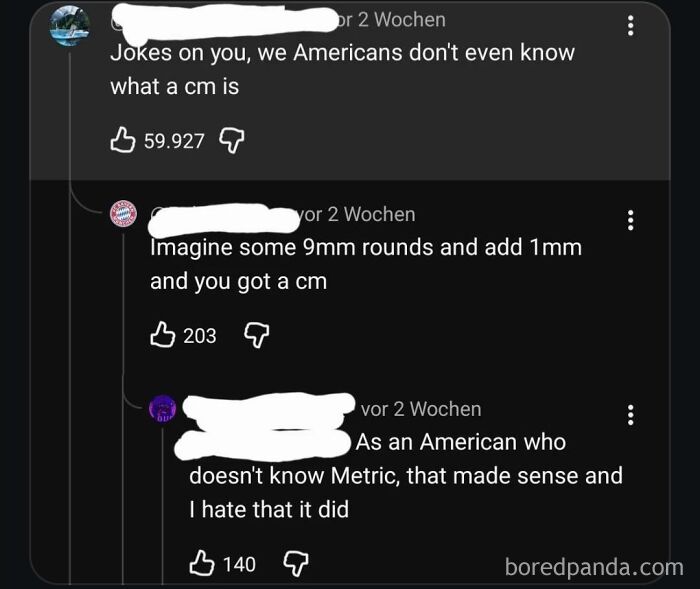 Funny comments showing Americans avoiding the metric system using ammo measurements.