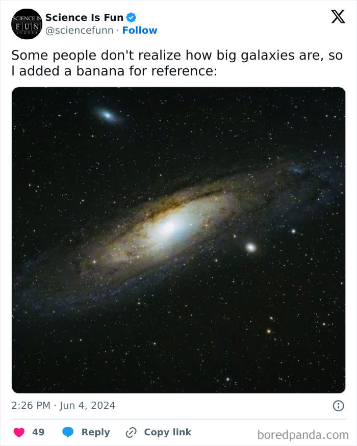 Funny post social media tweet measuring a galaxy using a banana instead of the metric system.