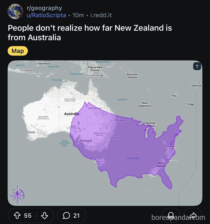 Map overlay post illustrating absurd non-standard measurements to show distance from Australia.