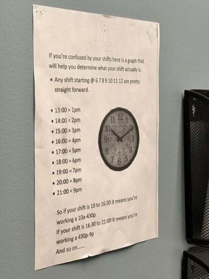 Sign explaining military time for workers who are confidently wrong.