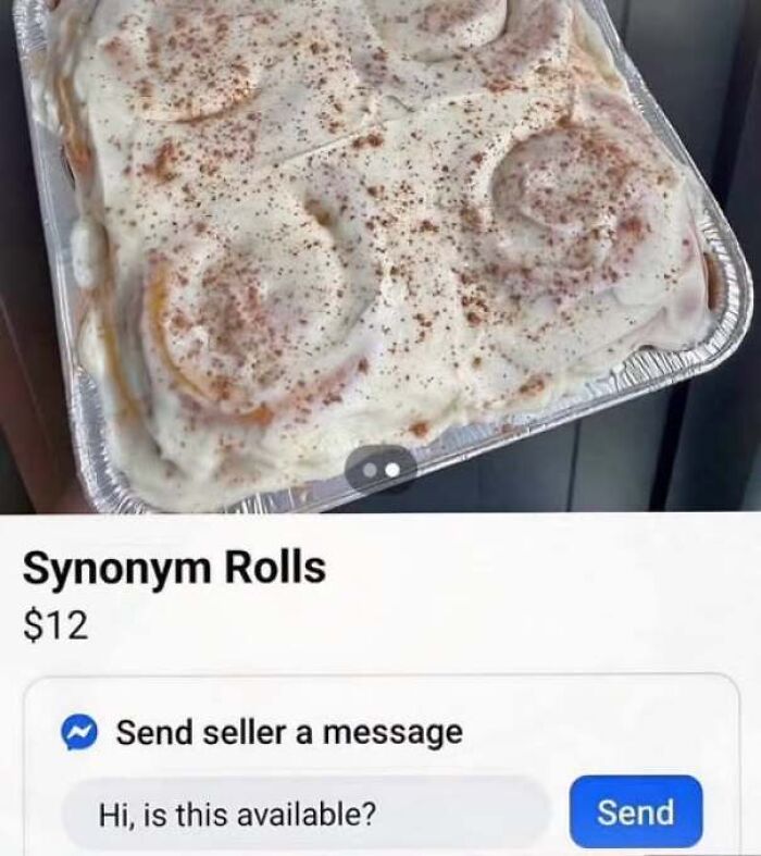 An online marketplace listing for Synonym Rolls showing someone being confidently wrong about cinnamon rolls.