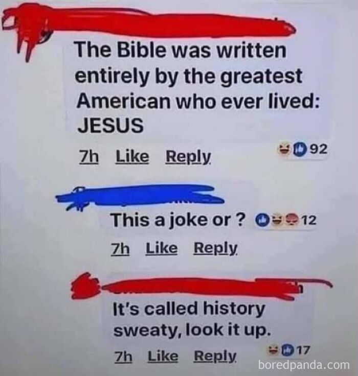 A Facebook comment thread showing someone who is confidently wrong about Jesus writing the Bible.