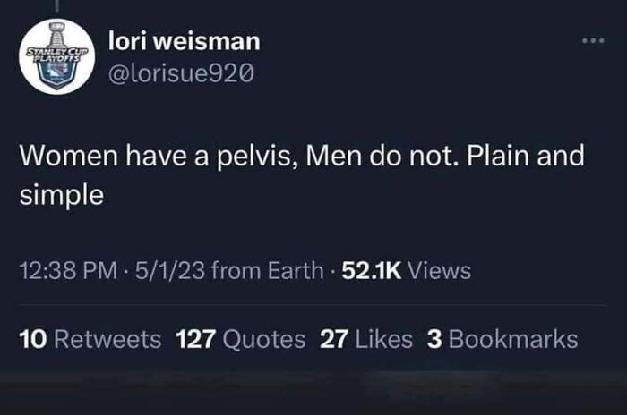 Tweet falsely claiming men do not have a pelvis, illustrating someone being confidently wrong online.