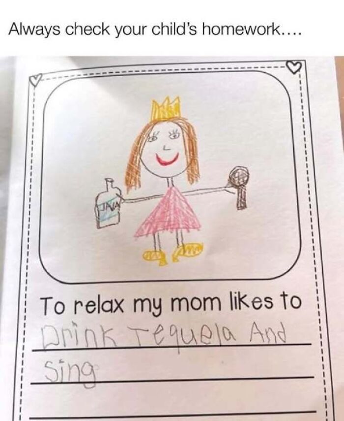Childish drawing on a school worksheet illustrating someone confidently wrong about their mother.