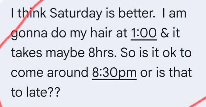 A text message showing bad math about scheduling, an example of people being confidently wrong.