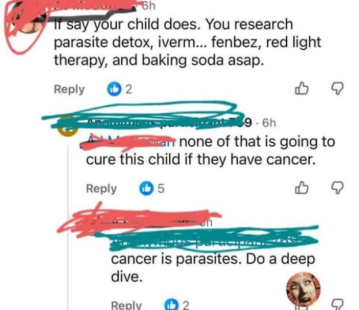 Confidently wrong online comment thread claiming cancer is caused by parasites and suggesting unproven remedies.