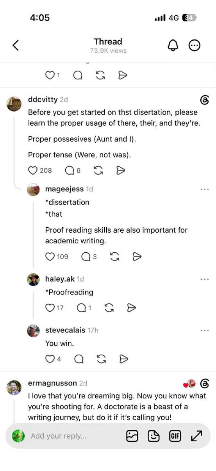 Social media thread showing someone confidently wrong while trying to correct another person's grammar.