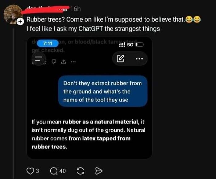 Screenshot of a person confidently wrong after asking an AI chatbot if rubber comes from the ground.