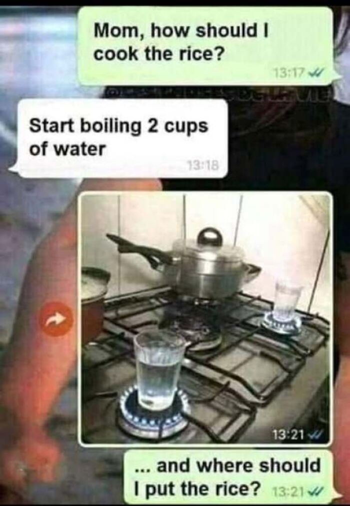 Funny text message showing a person placing two glass cups directly on a gas stove after being told to boil 2 cups of water.