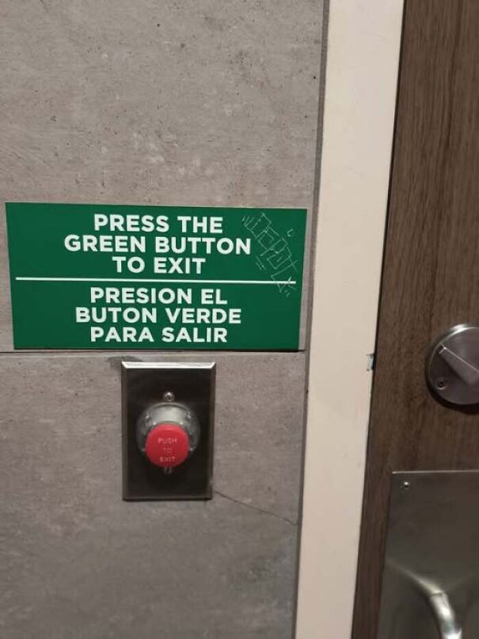 Sign telling people to press a green button next to a red button, showing people being confidently wrong