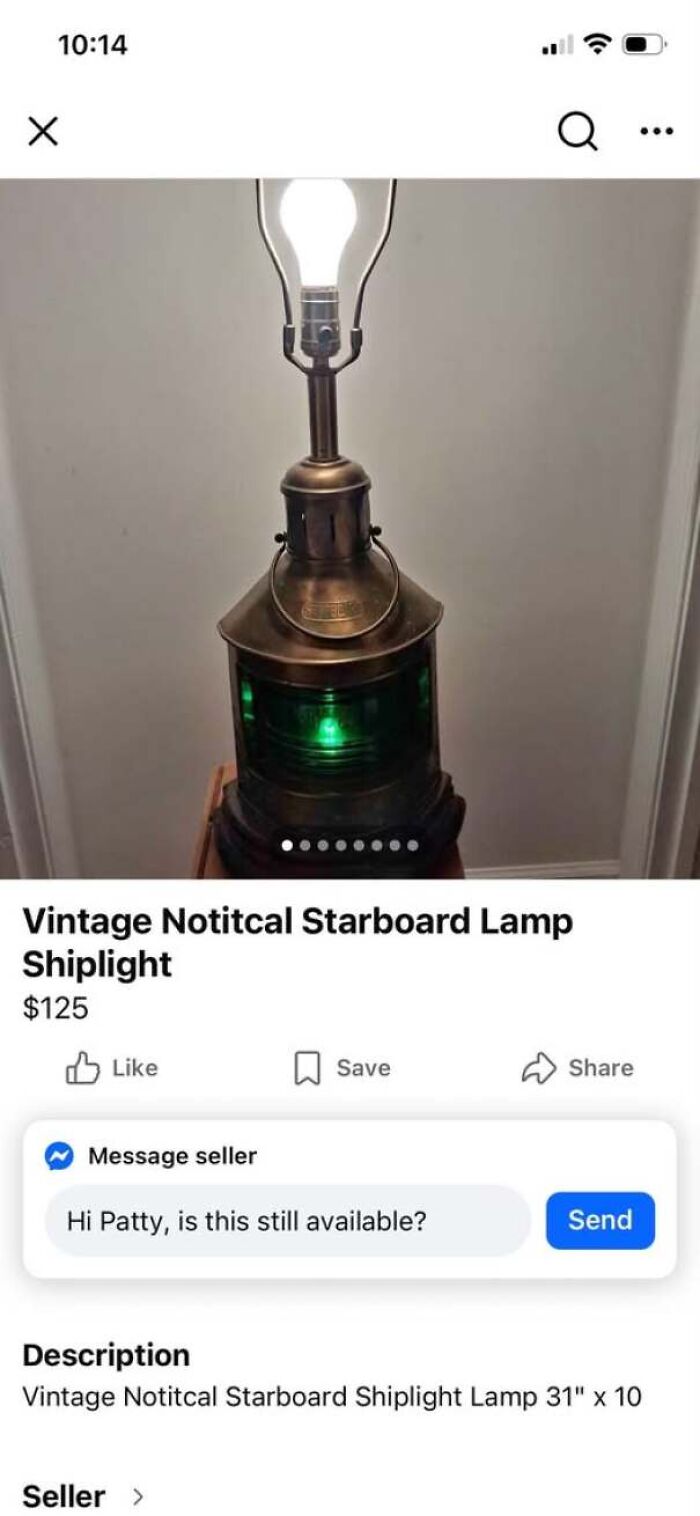 Online listing for a vintage lamp titled Notitcal Starboard Lamp, a hilarious example of people being confidently wrong.