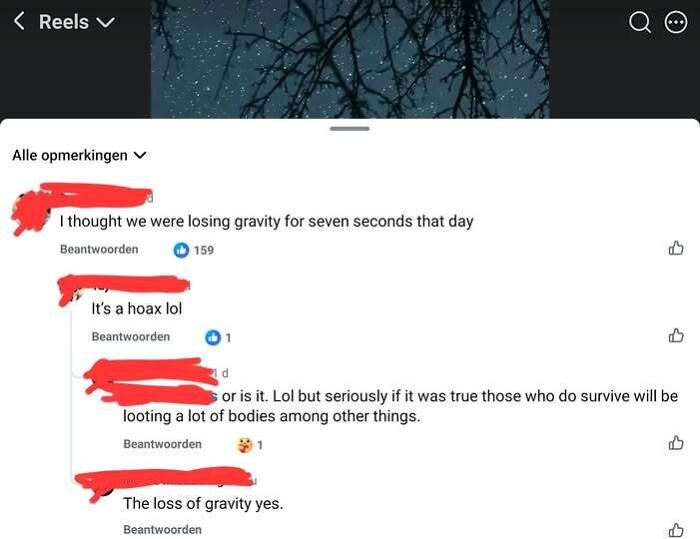 Screenshot of social media comments showing someone being confidently wrong about losing gravity
