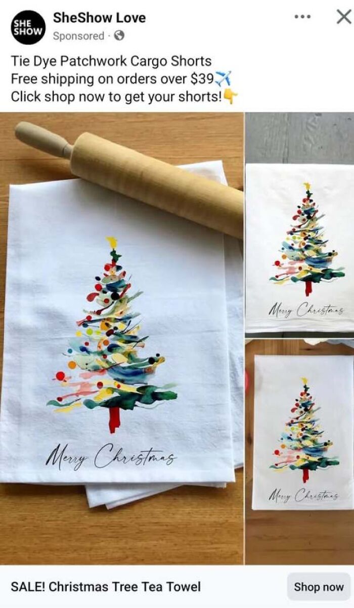 An online advertisement selling Christmas tea towels while mislabeling them as cargo shorts.