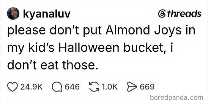 Funny Halloween post about parents taking candy from their kid's trick-or-treat bucket.