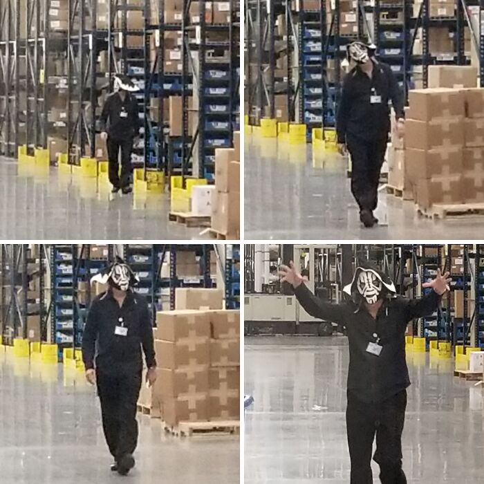 Funny Halloween photos of a warehouse worker wearing a spooky mask on the job.