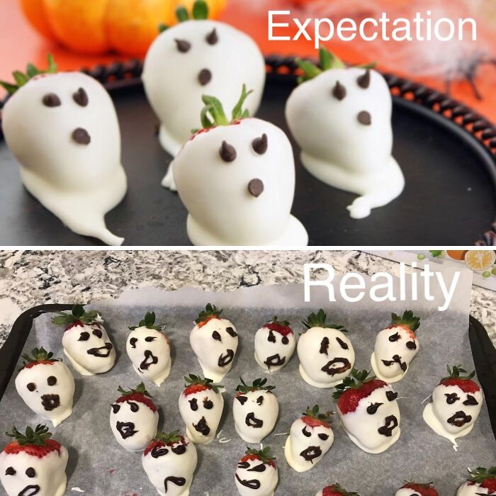 Chocolate-dipped strawberry ghost expectation versus reality photos for Halloween.