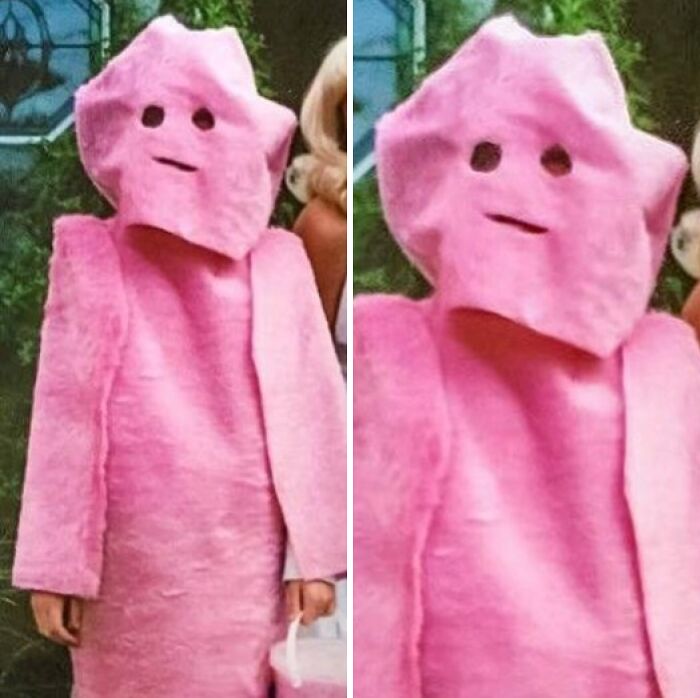 Funny pink Starburst costume fail showing Halloween didn't go as planned.