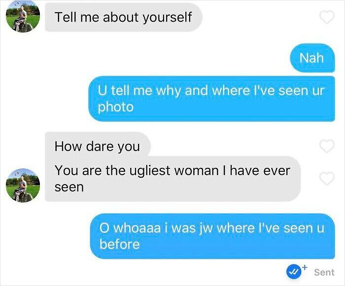 Text conversation showing an aggressive response to a simple question, showcasing frustrating Tinder stories.