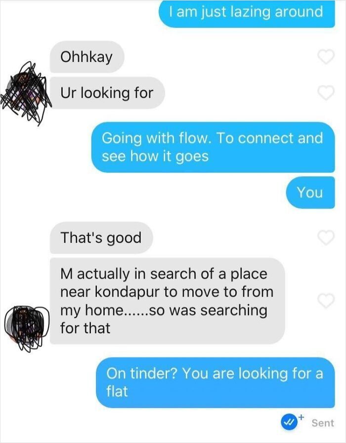 Screenshot of amusing Tinder stories where a user is surprisingly searching for a flat on the app.