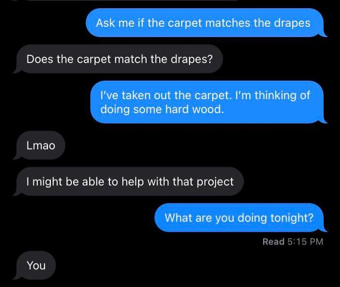 Funny Tinder stories showing a witty text exchange with double entendres about home renovation and dating.