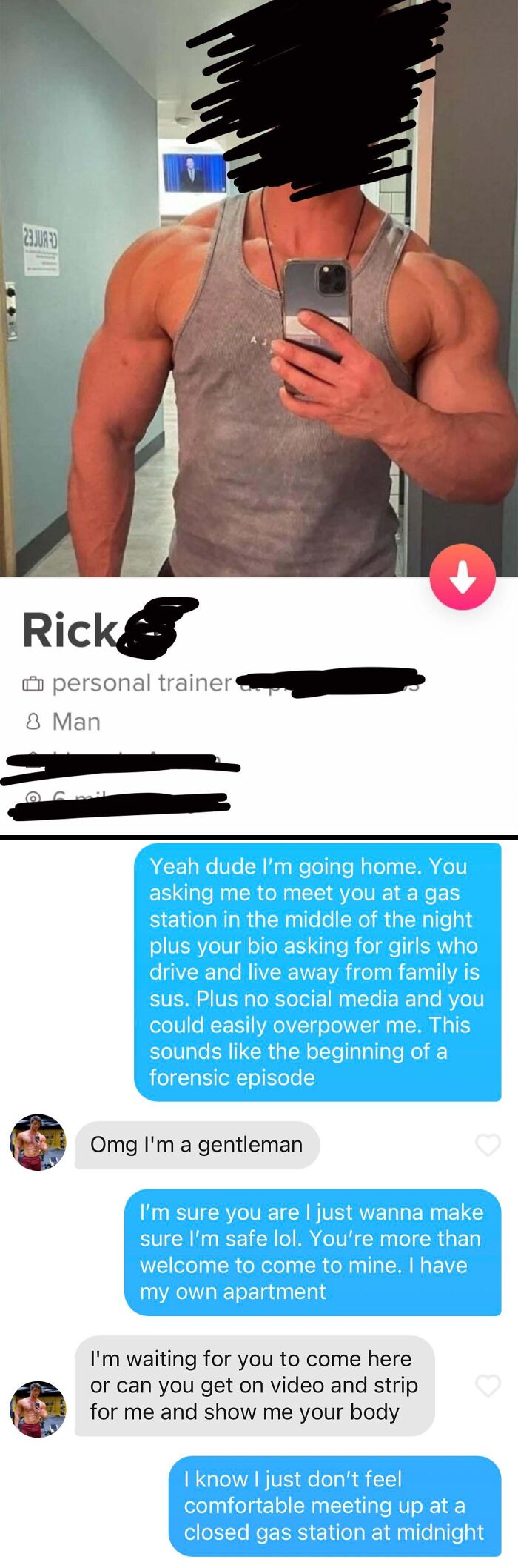 Screenshot of frustrating Tinder stories depicting an unsettling chat with a personal trainer.