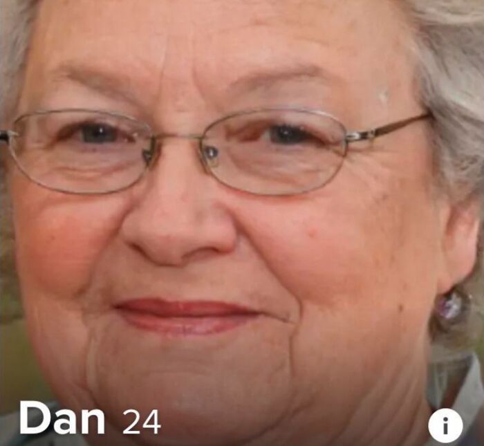 Profile photo of an elderly woman labelled Dan 24, depicting amusing Tinder stories from online dating profiles.