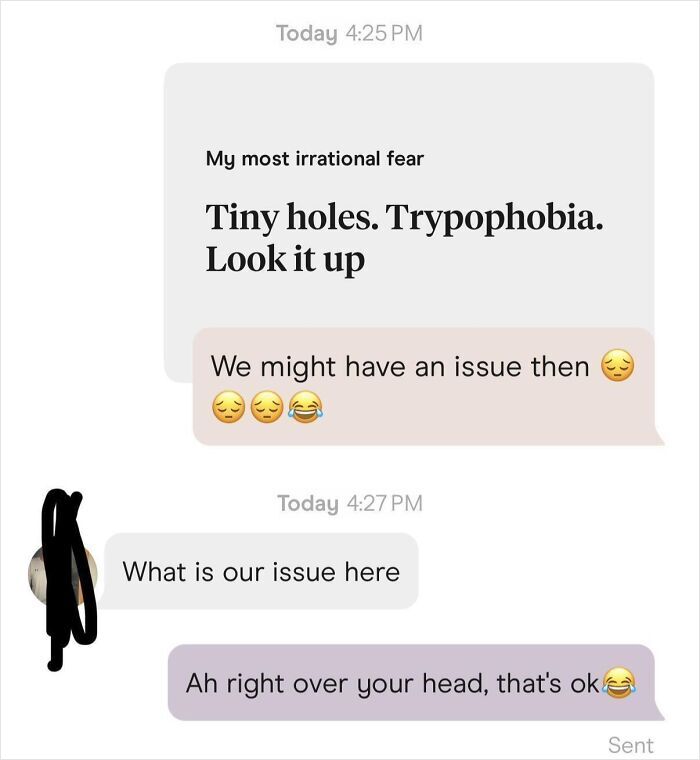 Screenshot of a messaging exchange illustrating funny Tinder stories about an irrational fear of trypophobia.