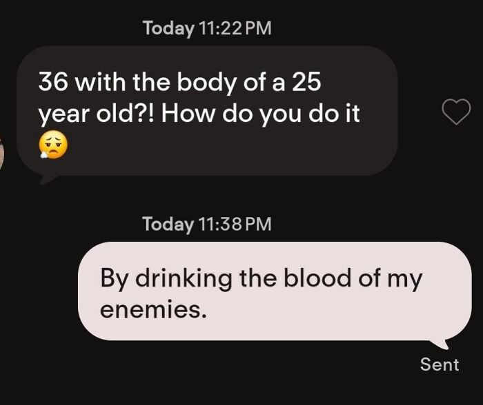 Humorous text exchange from funny Tinder stories showing a witty response about looking young
