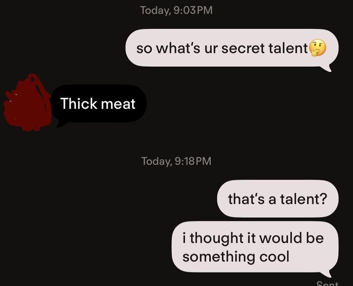 Funny text exchange on a chat app showing an awkward interaction from Tinder stories.