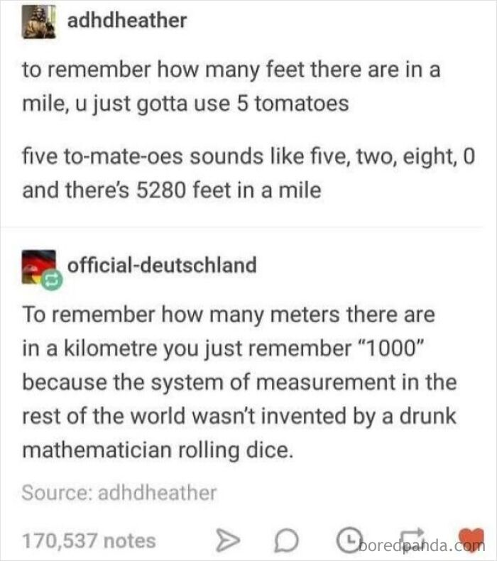Funny posts comparing a complex trick to remember feet in a mile with the simplicity of the metric system.