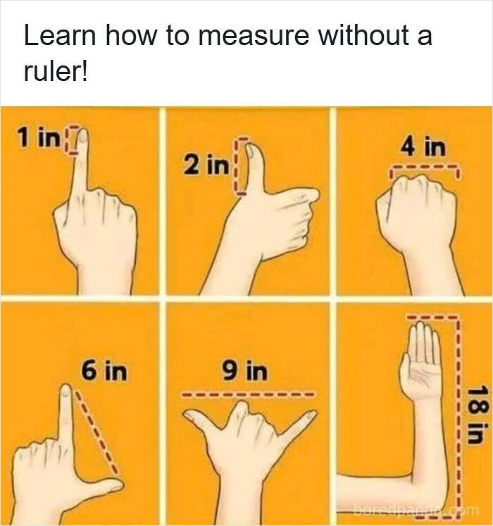 Funny posts diagram showing how to measure inches with hand gestures without the metric system.