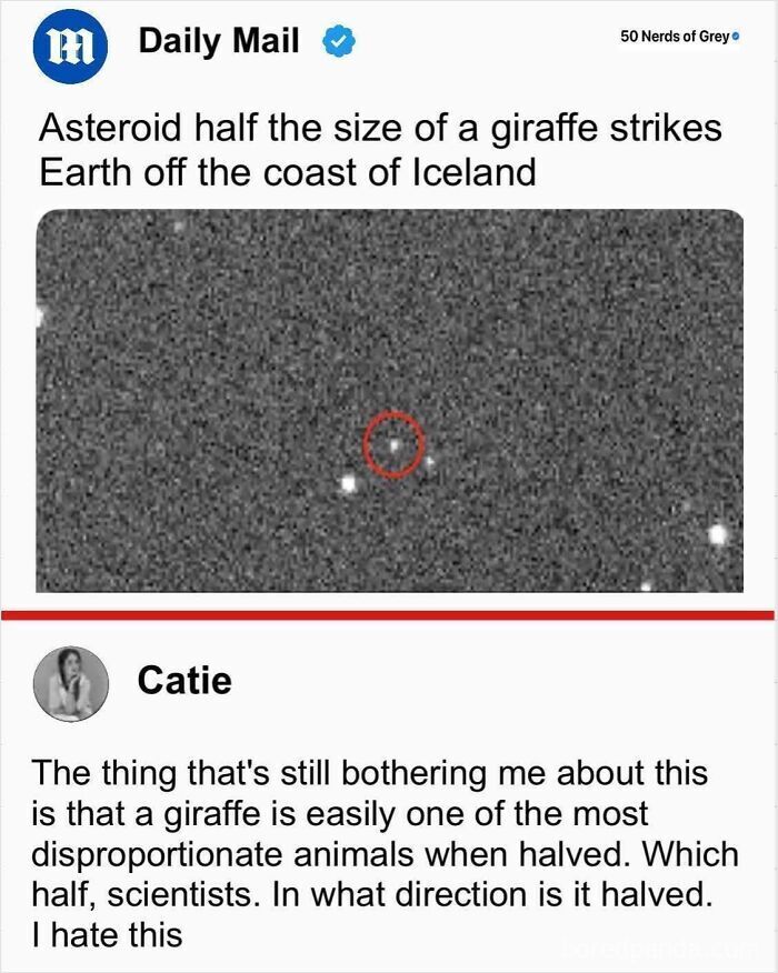 News article headline about an asteroid the size of a giraffe, illustrating Americans avoiding the metric system