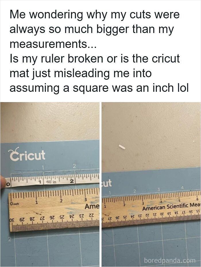 Rulers lined up next to a craft mat in funny posts mocking Americans avoiding the metric system