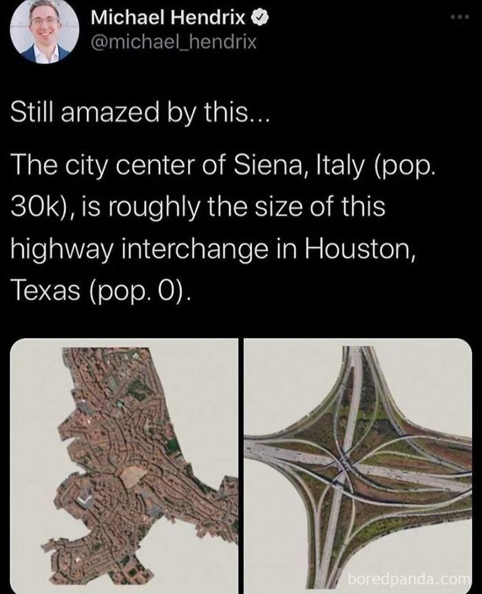 Funny post comparing a city in Italy to a highway interchange, showing how Americans will use anything but metric system