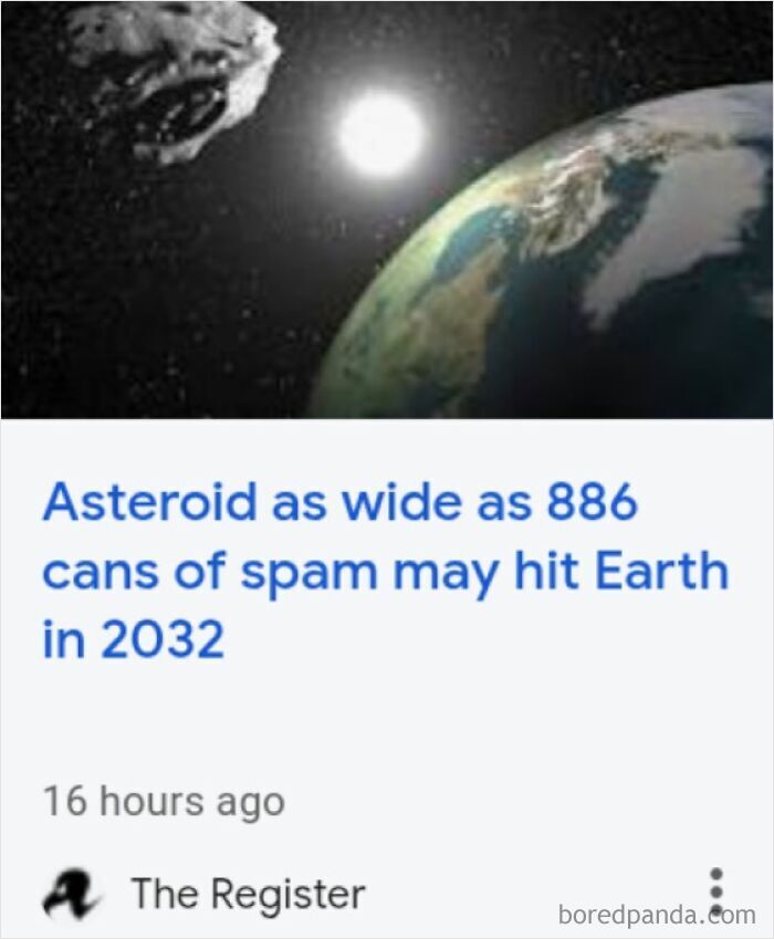 Headline stating an asteroid width in cans of spam, reflecting funny posts on Americans avoiding the metric system.