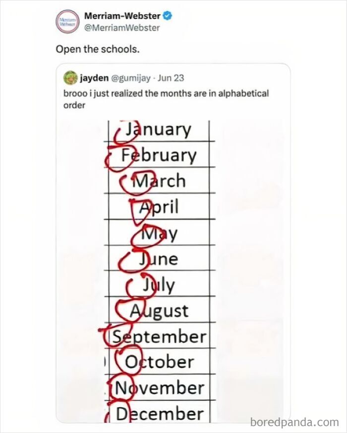 A tweet falsely claiming months are in alphabetical order, an example of someone who is confidently wrong.