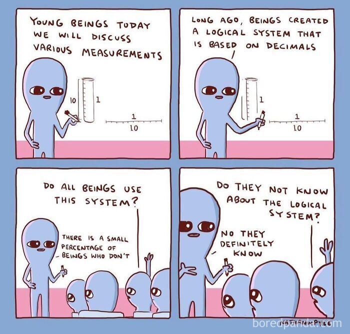 Comic strip depicting aliens discussing how some beings do not use the metric system in a funny post