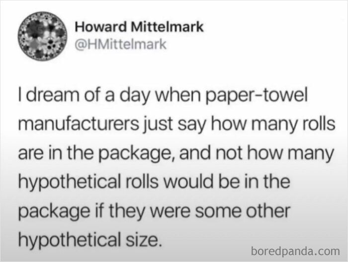 Funny tweet about confusing paper towel sizing avoiding standard metric system units.