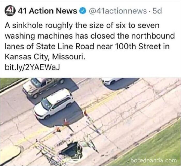 Funny posts news tweet measuring a sinkhole using washing machines instead of the metric system.