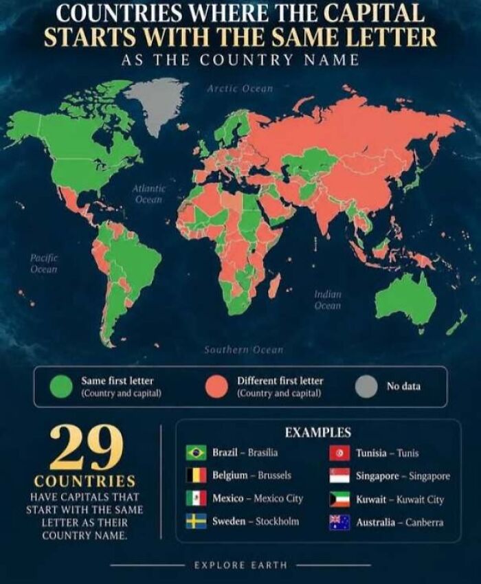 World map about country capitals with incorrect color coding, an example of a map creator being confidently wrong.