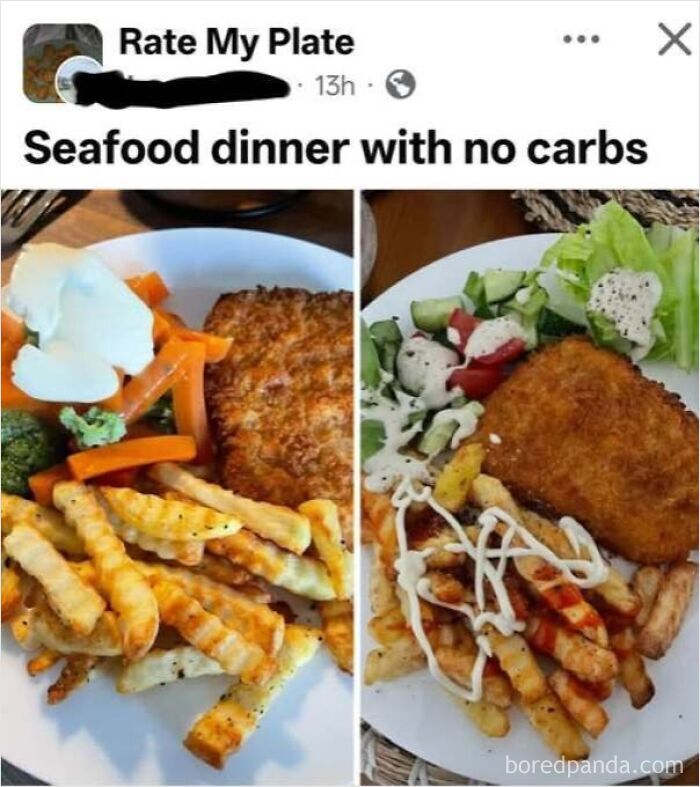 A plate of fish and chips captioned as no carbs, an example of people being confidently wrong.