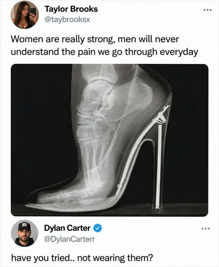 Entertaining post with an X-ray of a foot in high heels and a funny reply.
